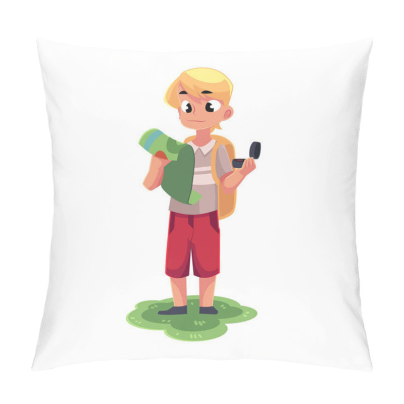 Personality  Teenage Caucasian Boy With A Backpack Studying Map, Holding Compass Pillow Covers