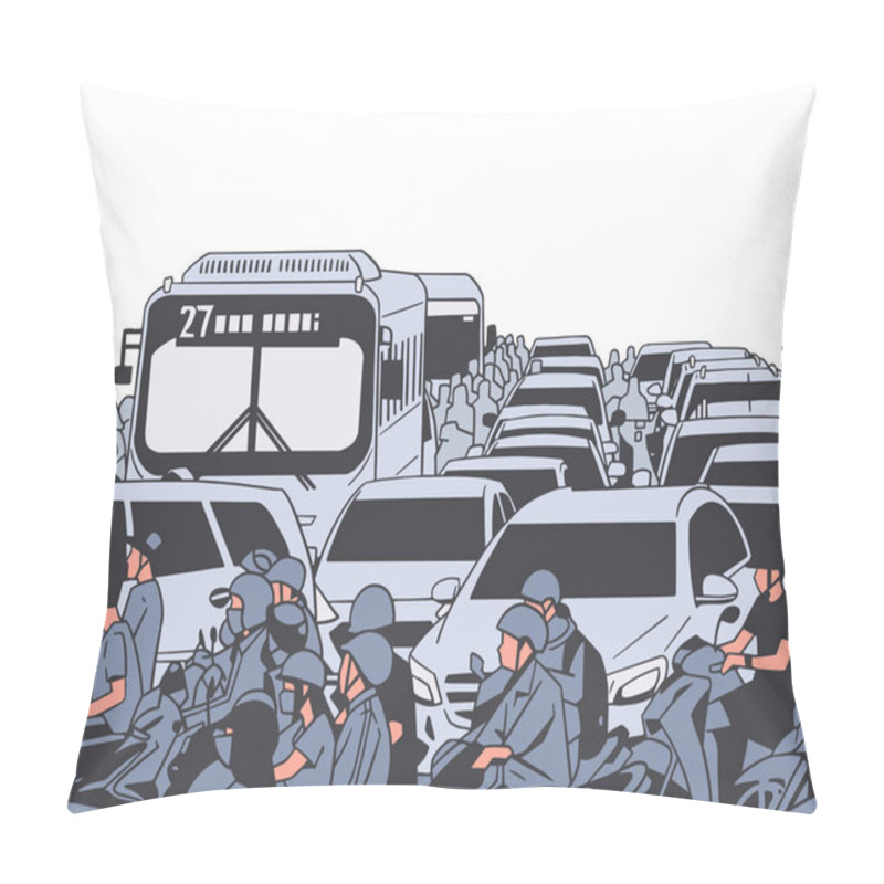 Personality  Illustration Of Busy Rush Hour Traffic With Motorcycles, Cars, Buses, Public Transport Pillow Covers