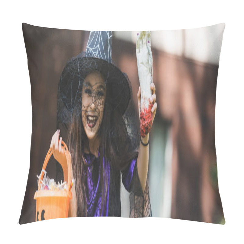 Personality  Cheerful Girl In Witch Hat Holding Bucket With Sweets And Toy Hand, Banner Pillow Covers