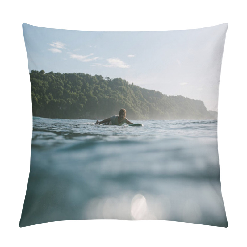 Personality  Young Man Swimming On Surfboard On Sunny Day Pillow Covers