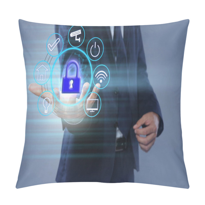 Personality  Home Security Concept. Man Demonstrating Digital Lock On Grey Background, Closeup Pillow Covers