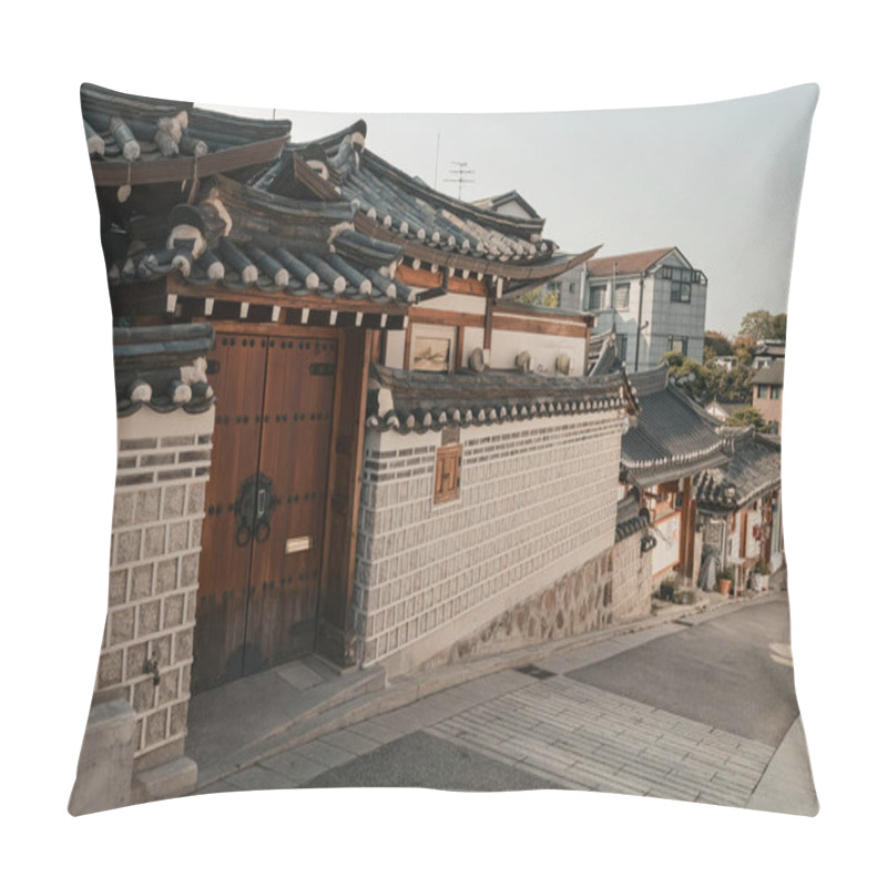 Personality  Traditional Korean Architecture Old Houses And Street View At Bukchon Hanok Village Seoul South Korea Pillow Covers