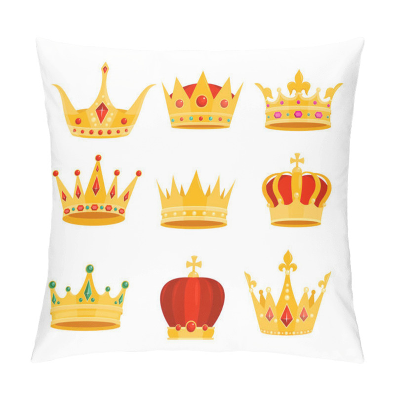 Personality  Golden Crown Vector Illustration Set, Cartoon Flat Gold Royal Medieval Collection Of Monarchy Symbols, Crown On Head Isolated On White Pillow Covers