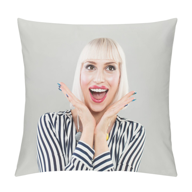 Personality  Woman Surprise Holds Hand By Cheeks. Beautiful Girl  Pillow Covers