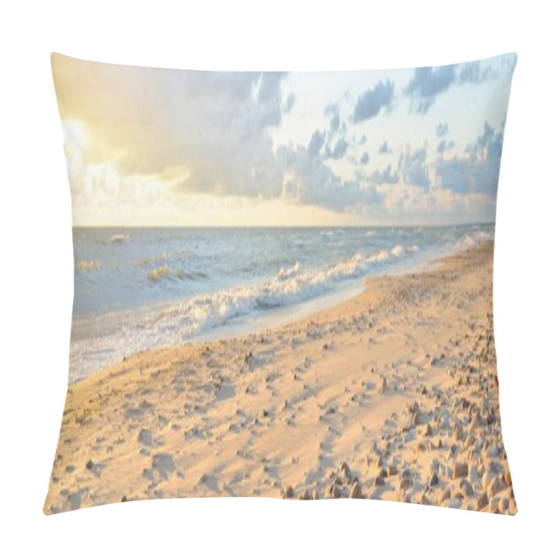 Personality  Baltic Sea Shore (sand Dunes, Beach) After The Storm. Sunset, Soft Golden Sunlight, Glowing Clouds. Picturesque Panoramic Scenery. Nature, Environment, Ecology, Ecotourism, Hiking, Exploring Concepts Pillow Covers