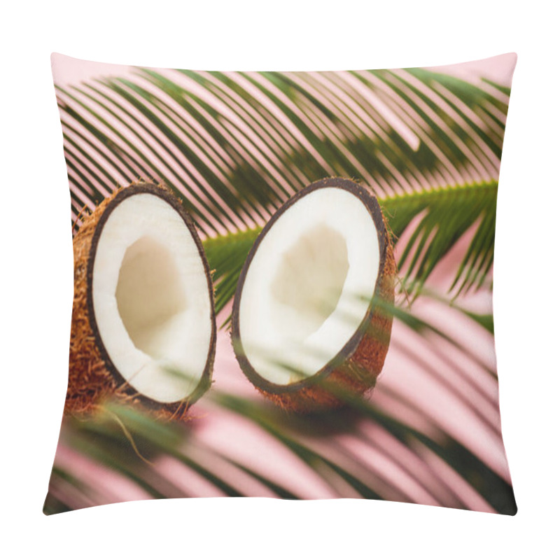 Personality  Selective Focus Of Green Palm Leaves And Fresh Coconut Halves On Pink Background Pillow Covers