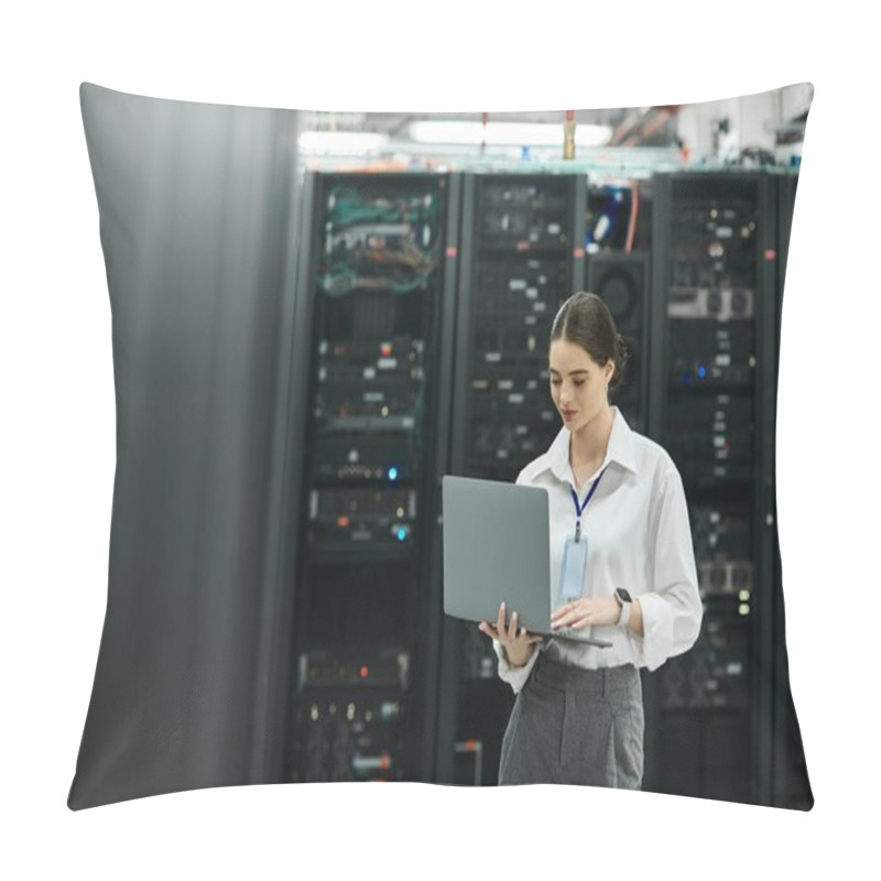 Personality  Woman In A White Shirt Collaborates With Network Systems In A Contemporary Data Center. Pillow Covers