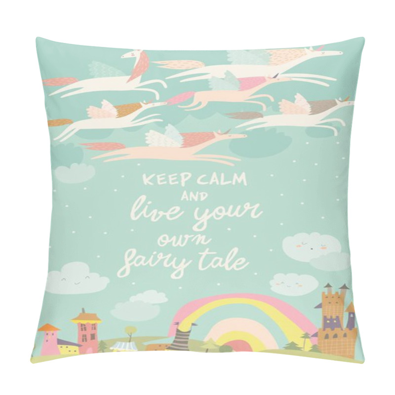 Personality  Cute Magic Unicorns Flying Above Little Town Pillow Covers