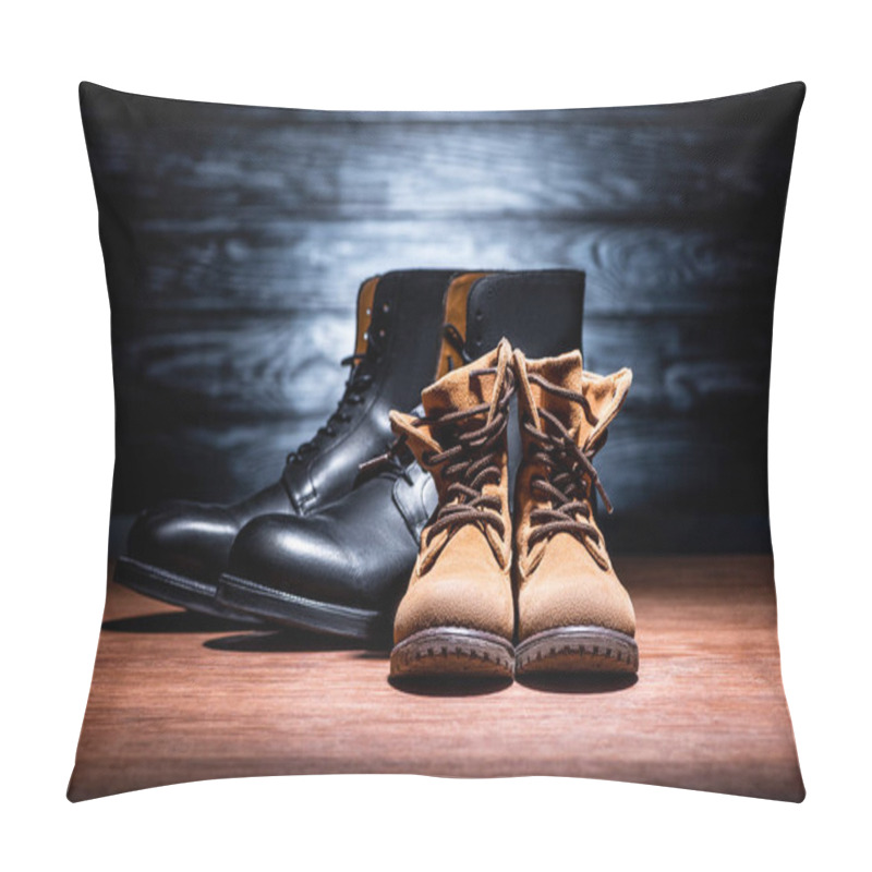 Personality  Close-up Shot Of Classic Father And Son Shoes On Wooden Surface, Happy Fathers Day Concept Pillow Covers