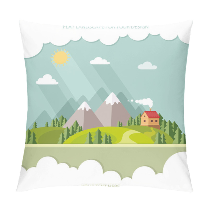 Personality  Landscape. Houses In The Mountains Among The Trees. Flat Style, Pillow Covers