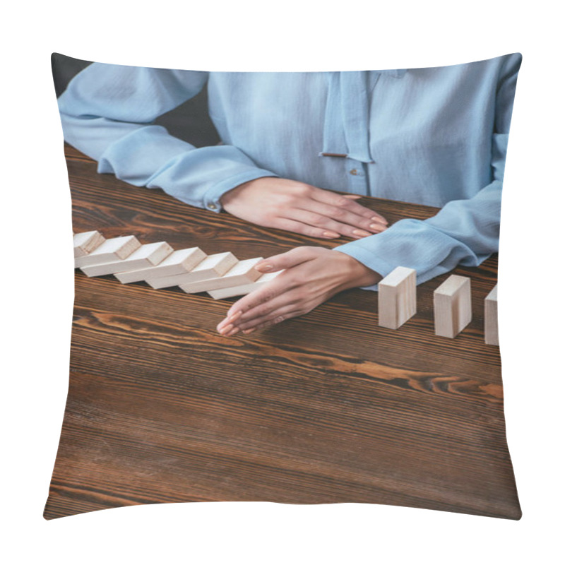 Personality  Partial View Of Woman Sitting At Desk And Preventing Wooden Blocks From Falling With Copy Space Pillow Covers