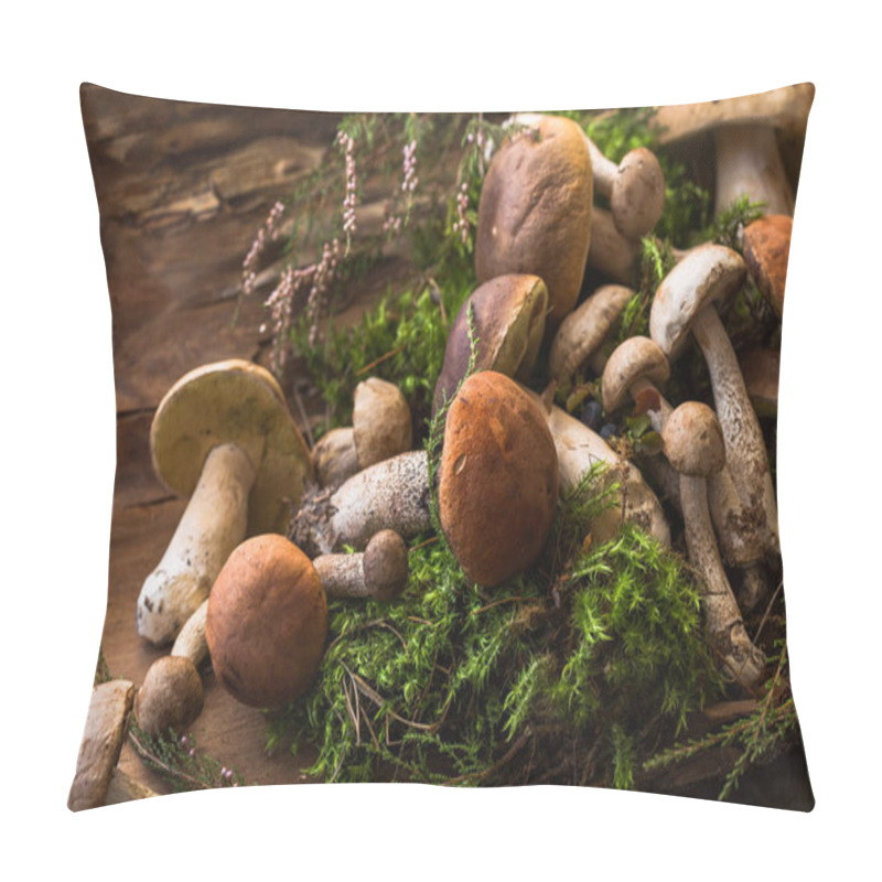 Personality  Ceps Mushroom Boletus Over Wooden Background. Autumn Boletus Edulis Mushrooms Close Up On Wood Rustic Table. Cooking Delicious Organic Mushrooms. Gourmet Food Pillow Covers