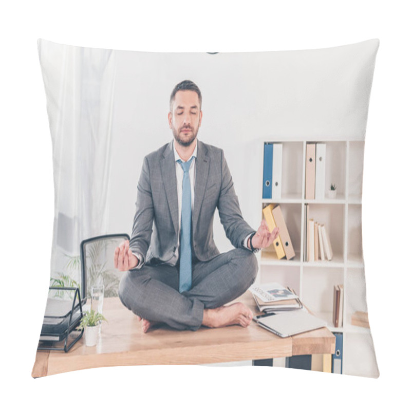 Personality  Handsome Businessman With Eyes Closed Meditating In Lotus Pose On Office Desk Pillow Covers