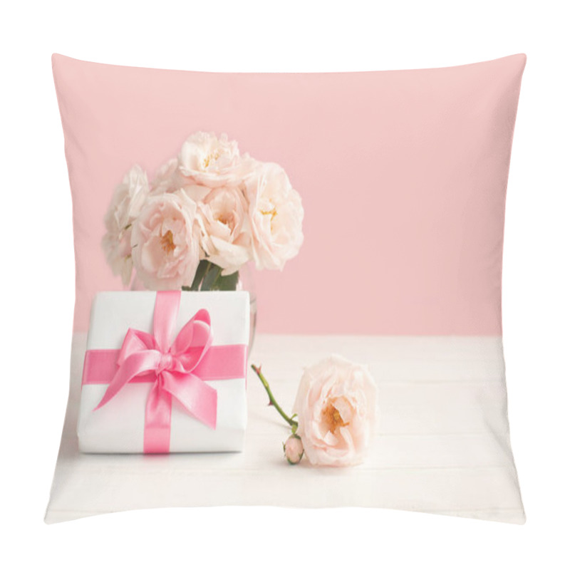 Personality  Tender Light Garden Roses In A Transparent Vase And Gift Box On Pink Pastel Background. Pillow Covers