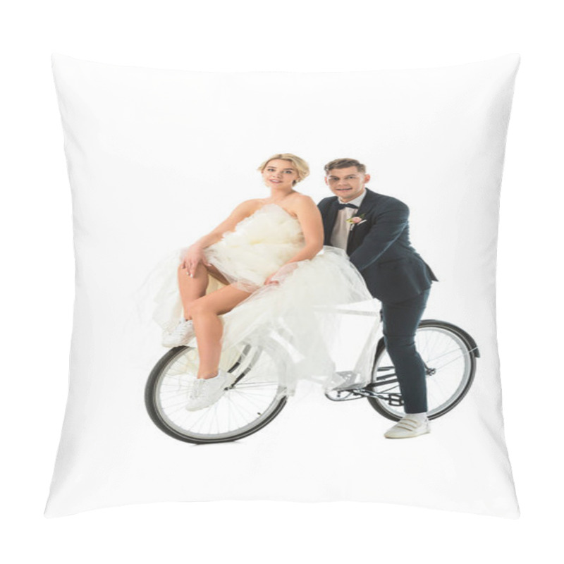 Personality  Beautiful Bride In Wedding Dress And Handsome Groom Sitting On Bicycle Isolated On White Pillow Covers