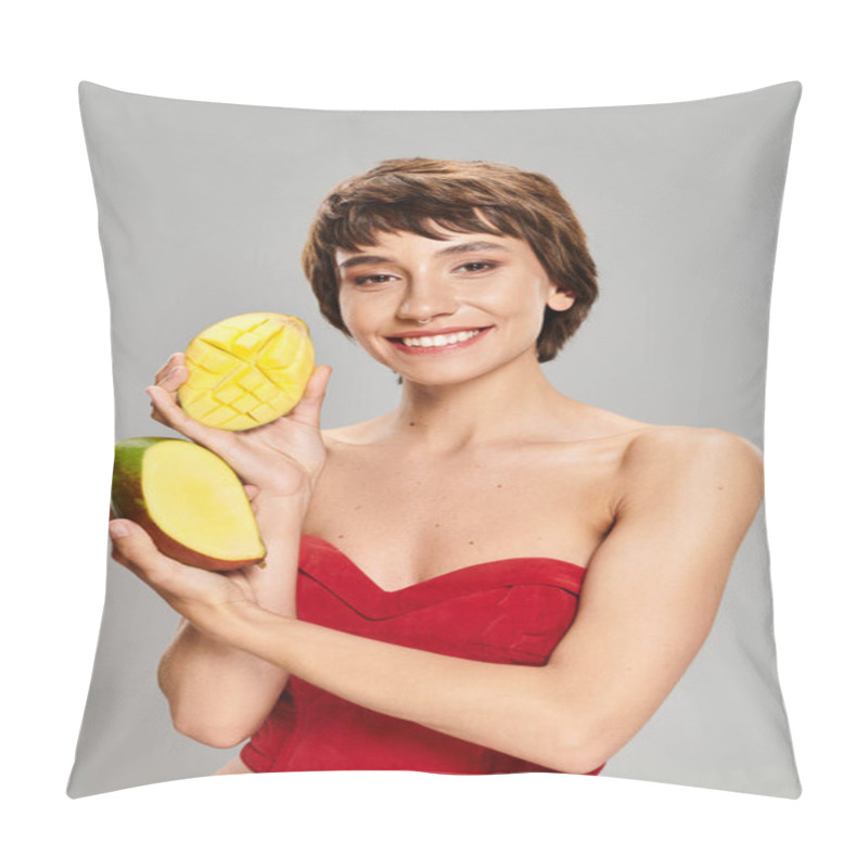 Personality  A Young Woman In A Red Top Holding Mangos. Pillow Covers