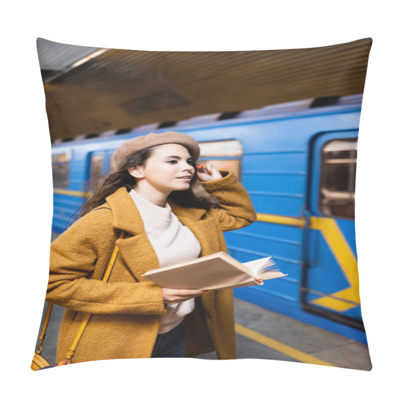 Personality  Stylish Woman In Autumn Clothes Holding Book While Looking At Blurred Train On Subway Platform Pillow Covers