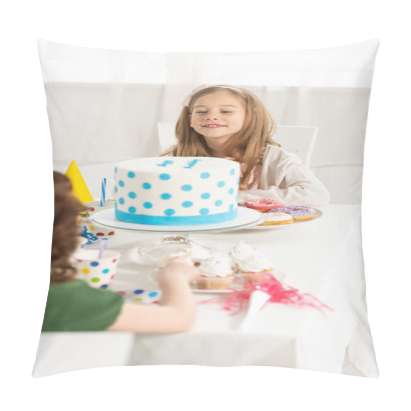 Personality  Adorable Kids Sitting At Party Table With Cake During Birthday Celebration Pillow Covers