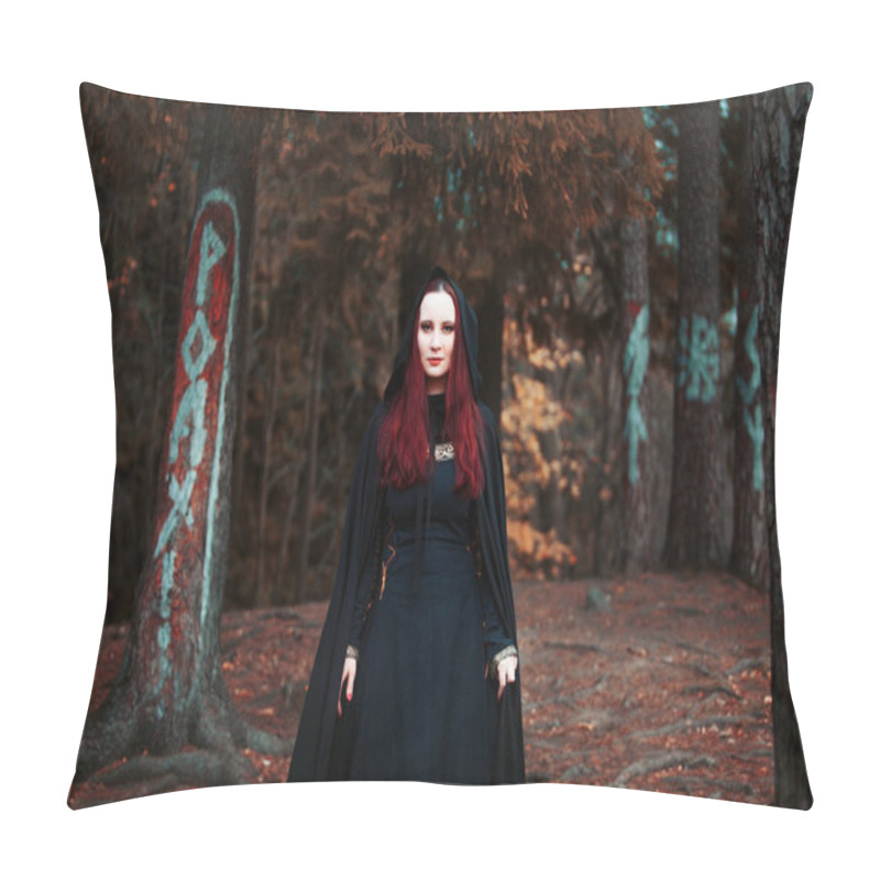 Personality  Young Beautiful And Mysterious Woman In Woods, In Black Cloak With Hood, Image Of Forest Elf Or Witch Pillow Covers