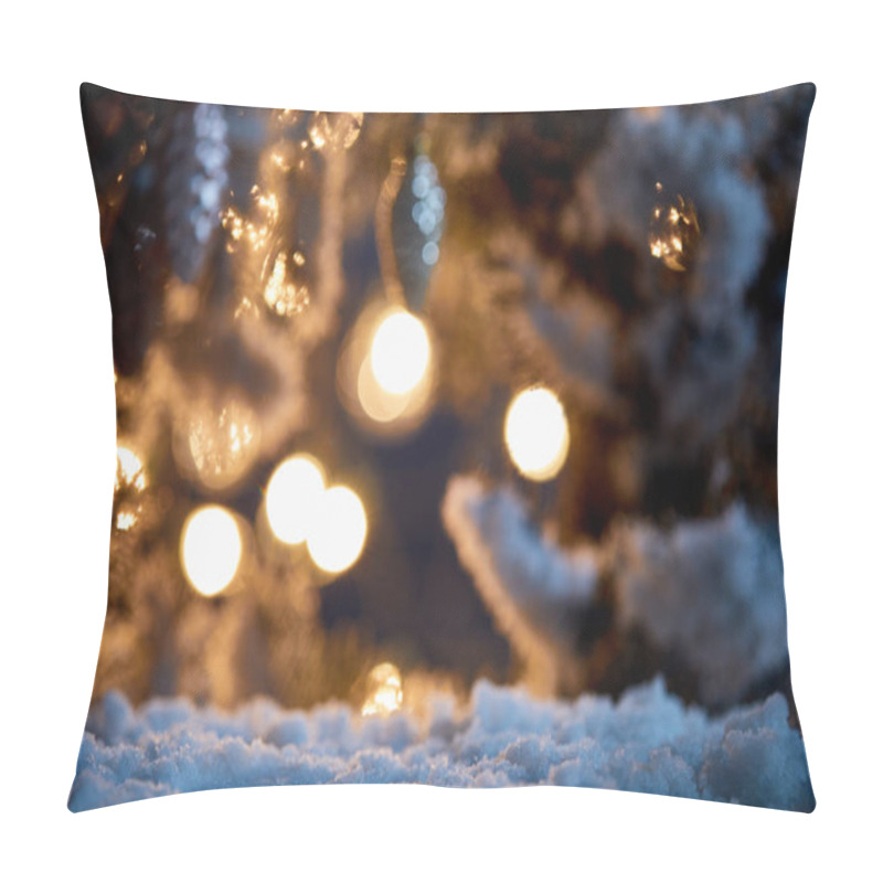 Personality  Close Up Of Spruce Branches In Snow With Christmas Balls And Lights Bokeh At Night   Pillow Covers