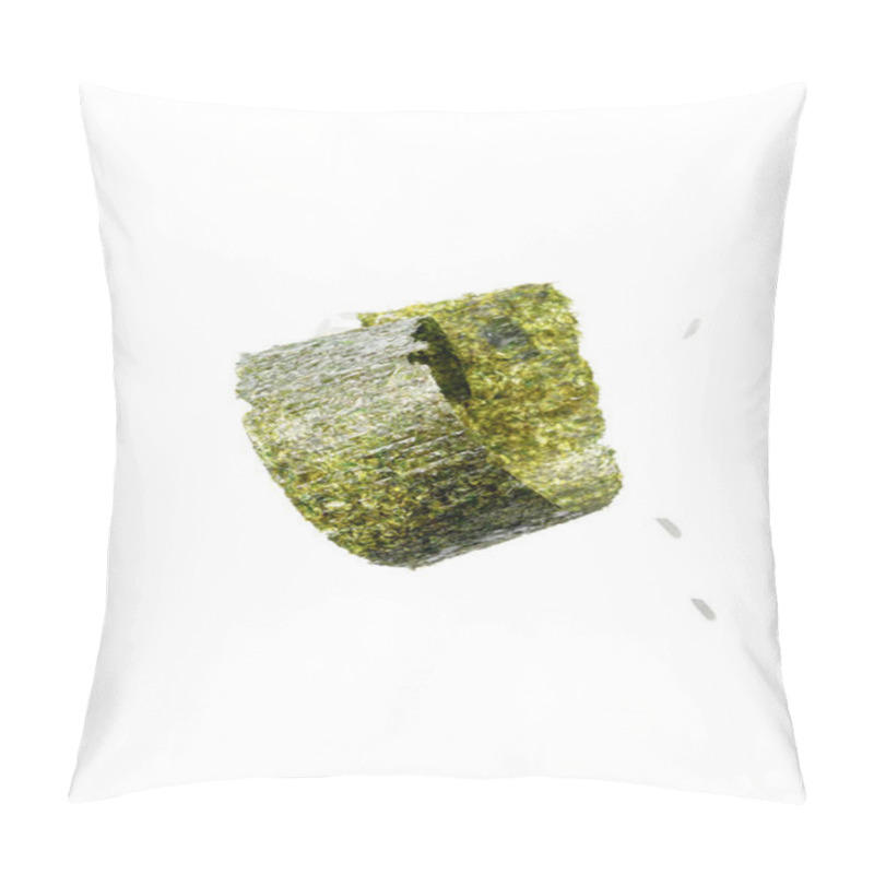 Personality  Top View Of Twisted Nori Seaweed Piece And Rice Isolated On White Pillow Covers