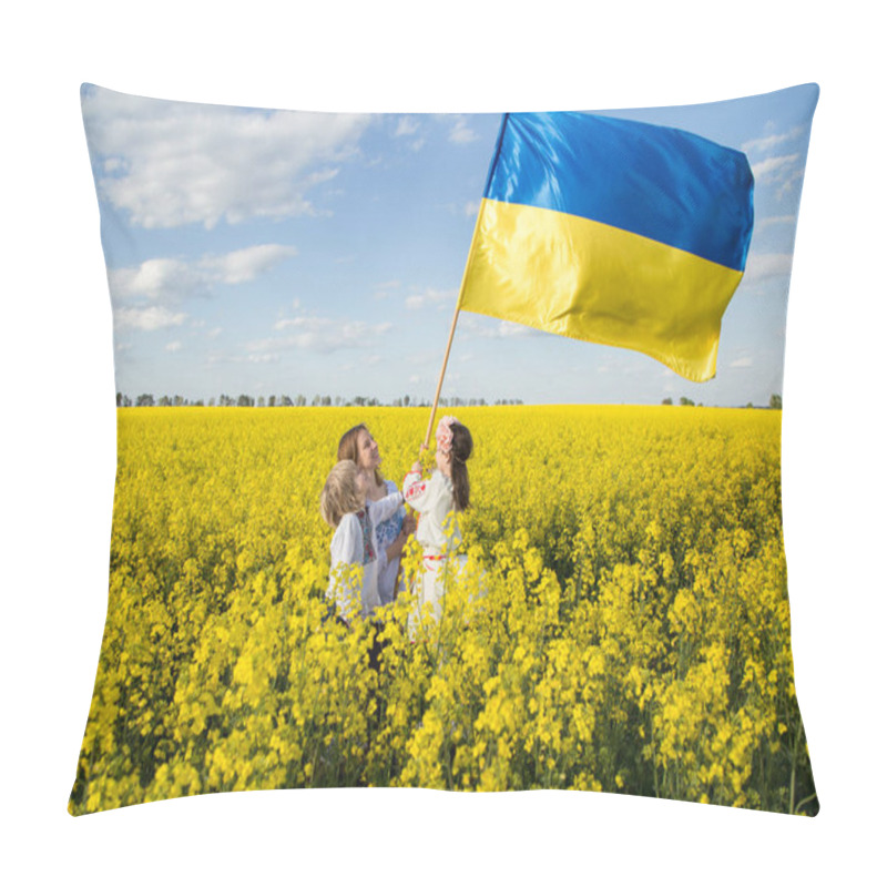 Personality  Ukrainian Family Mother, Son And Daughter In Embroidered Shirts Stand Among Blooming Yellow Rapeseed Field With Large Flag Of Ukraine. Sunny Day. Unity Support. Independence Day. Children Against War. Pillow Covers