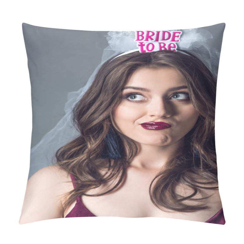 Personality  Close-up Portrait Of Confused Future Bride In Veil For Bachelorette Party Looking Up Isolated On Grey Pillow Covers