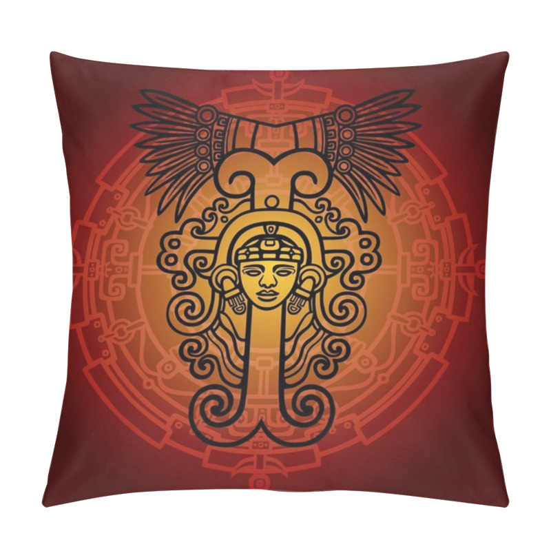 Personality  Linear Drawing: Decorative Image Of An Ancient Indian Deity. Mystical Circle. Vector Illustration. Pillow Covers