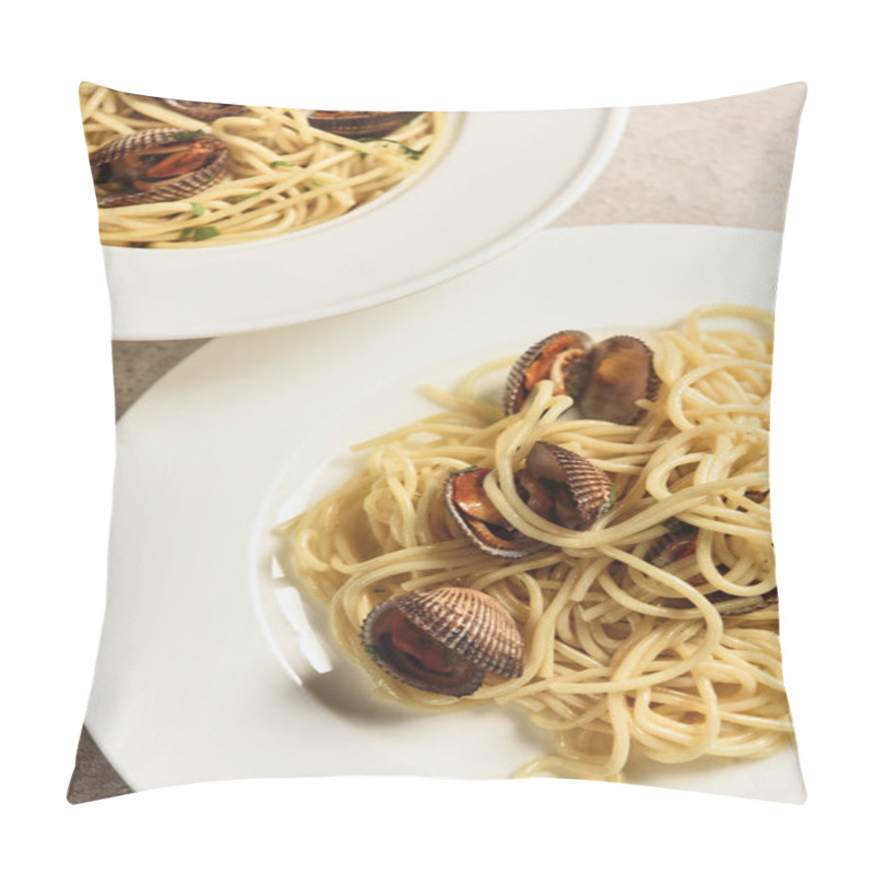 Personality  Close Up View Of Delicious Pasta With Seafood Served In Two White Plates Pillow Covers