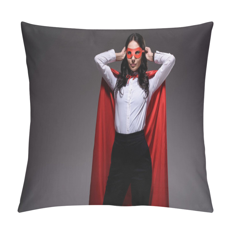 Personality  Attractive Super Businesswoman In Red Cape Tying Mask Isolated On Black Pillow Covers