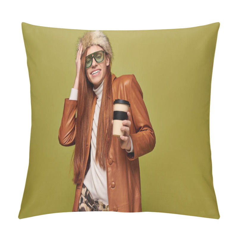 Personality  Emotional Young Man With Long Red Hair Smiles Brightly While Enjoying A Warm Drink Indoors. Pillow Covers