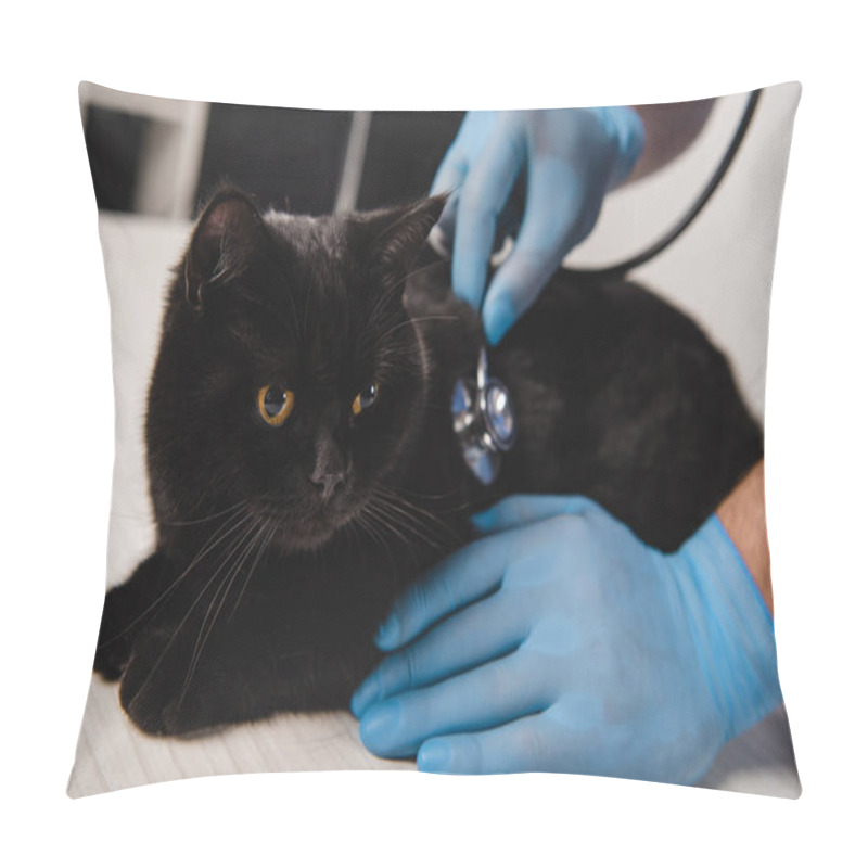 Personality  Cropped View Of Veterinarian Examining Black Cat On Table Pillow Covers