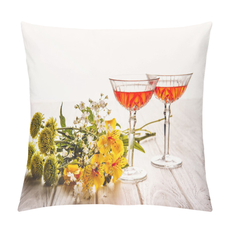 Personality  Close-up Shot Of Glasses Of Wine With Field Flowers Bouquet On Wooden Table On White Pillow Covers