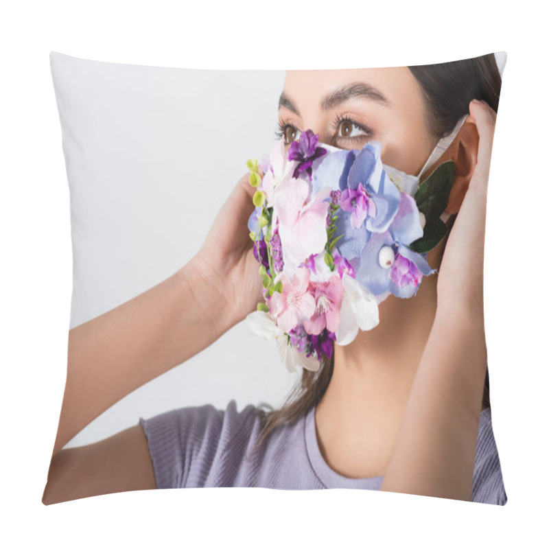 Personality  Young Woman Wearing Medical Mask With Blooming Flowers Isolated On White Pillow Covers