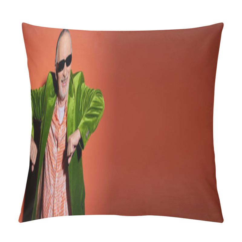 Personality  Cheerful Elderly Man In Dark Sunglasses, Green Velour Blazer And Trendy Shirt Dancing And Having Fun On Red And Orange Background With Shadow, Vibrant Personality, Banner With Copy Space Pillow Covers