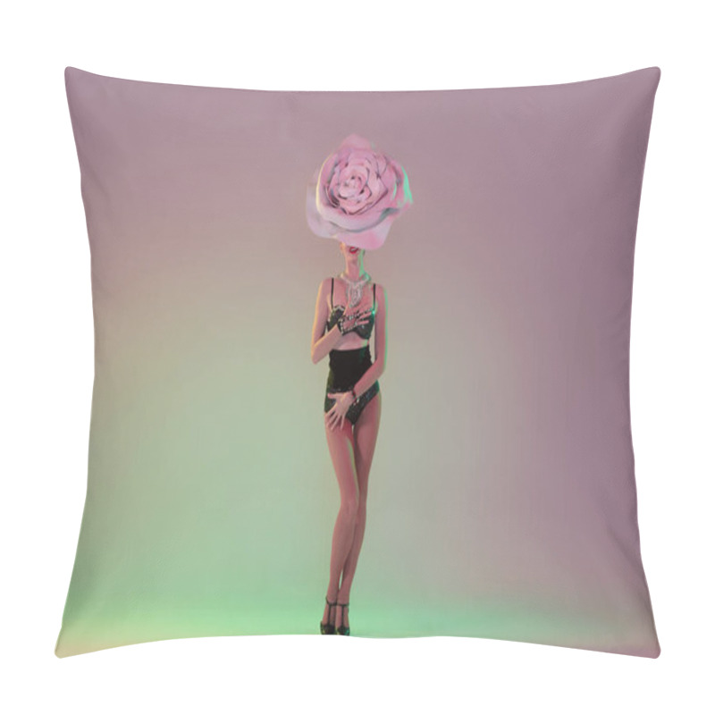 Personality  Young Female Dancer With Huge Floral Hats In Neon Light On Gradient Background Pillow Covers