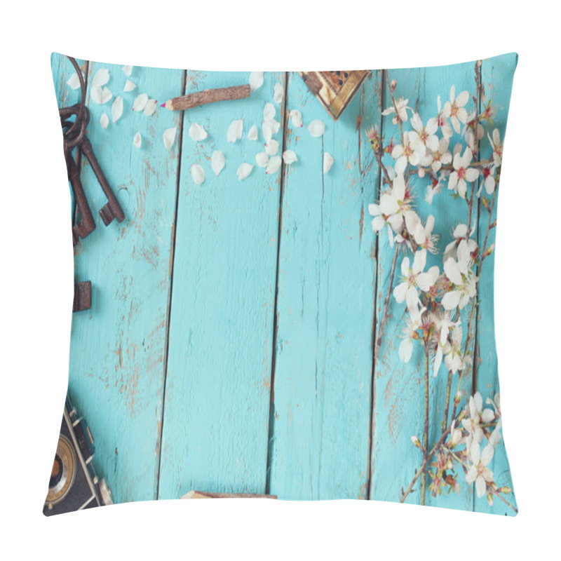 Personality  Top View Image Of Spring White Cherry Blossoms Tree, Old Camera On Blue Wooden Table Pillow Covers