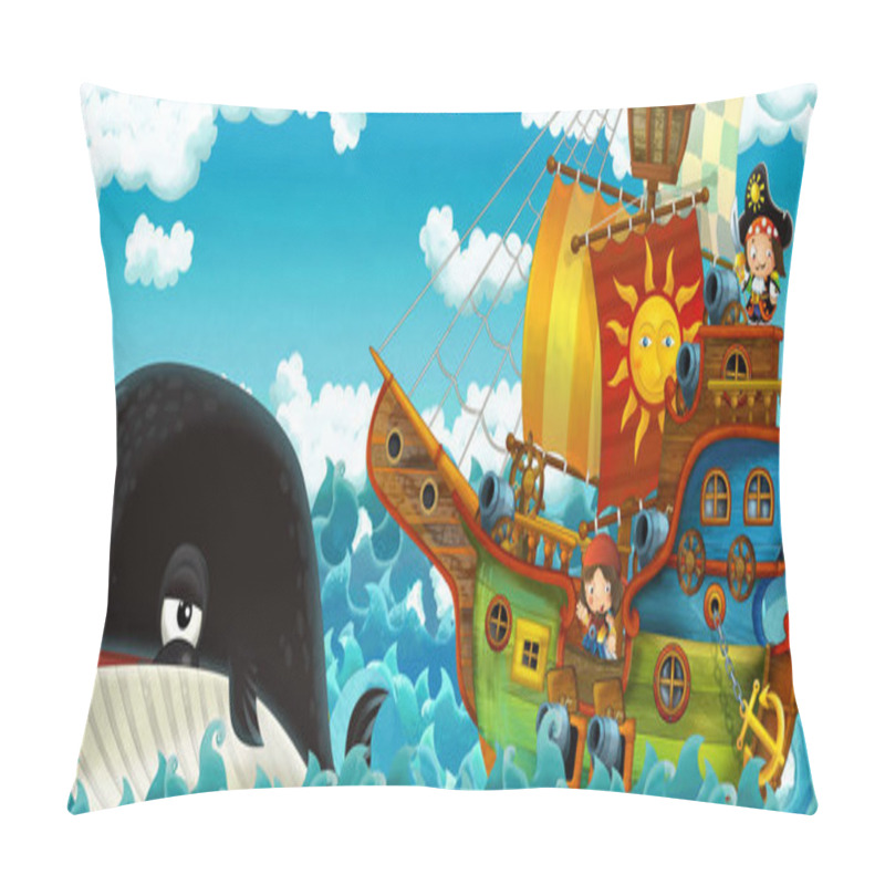 Personality  Cartoon Scene With Pirate Ship Sailing Through The Seas With Happy Pirates Meeting Swimming Whale - Illustration For Children Pillow Covers