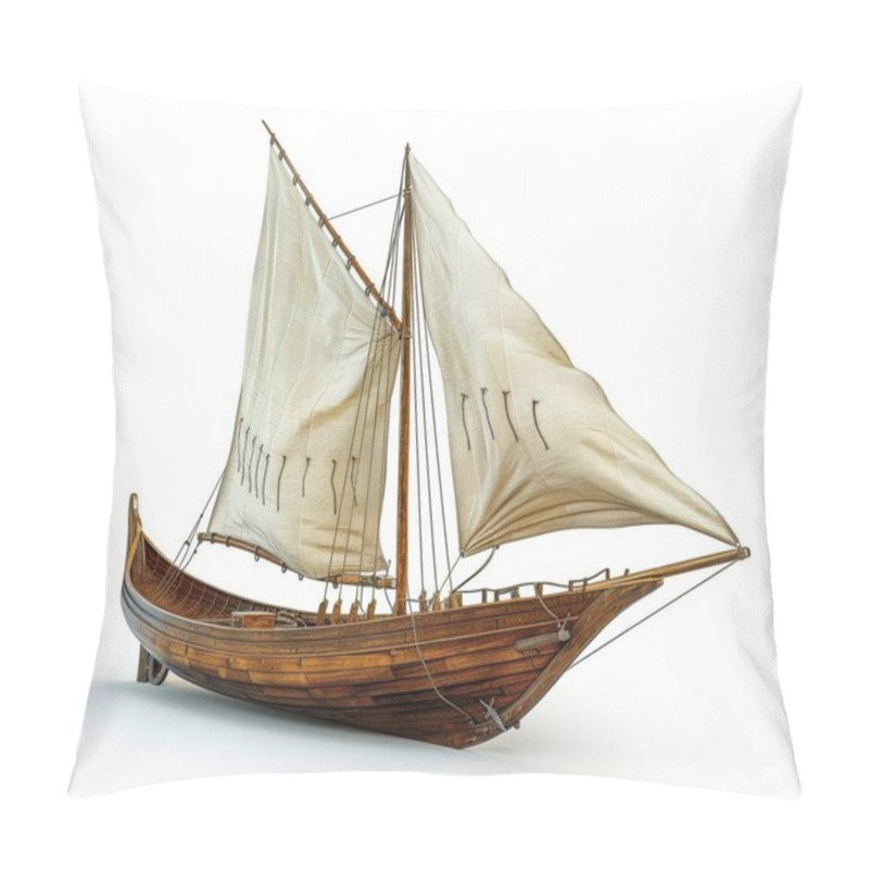 Personality  A Beautifully Crafted Wooden Sailboat Model With White Sails, Showcasing Intricate Details And Craftsmanship. Pillow Covers