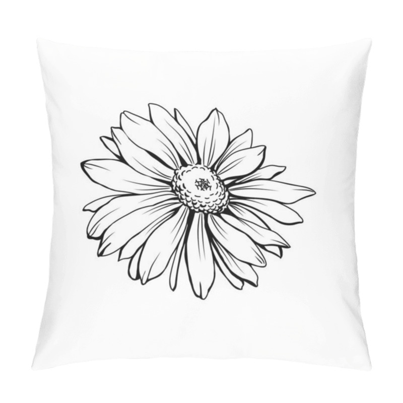 Personality  Daisy Flower With Bud Freehand Vector Illustration. German Chamomile, Matricaria Chamomilla Monochrome Outline. Honey Plant, Wild Flower Engraving. Homeopathic Herb, Wildflower With Name Drawing Pillow Covers