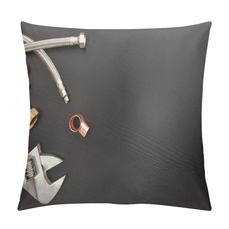 Personality  Plumbing Conceptual Background With Wrench And Metal Pipes On Black Table. Top View. Horizontal Composition. Pillow Covers