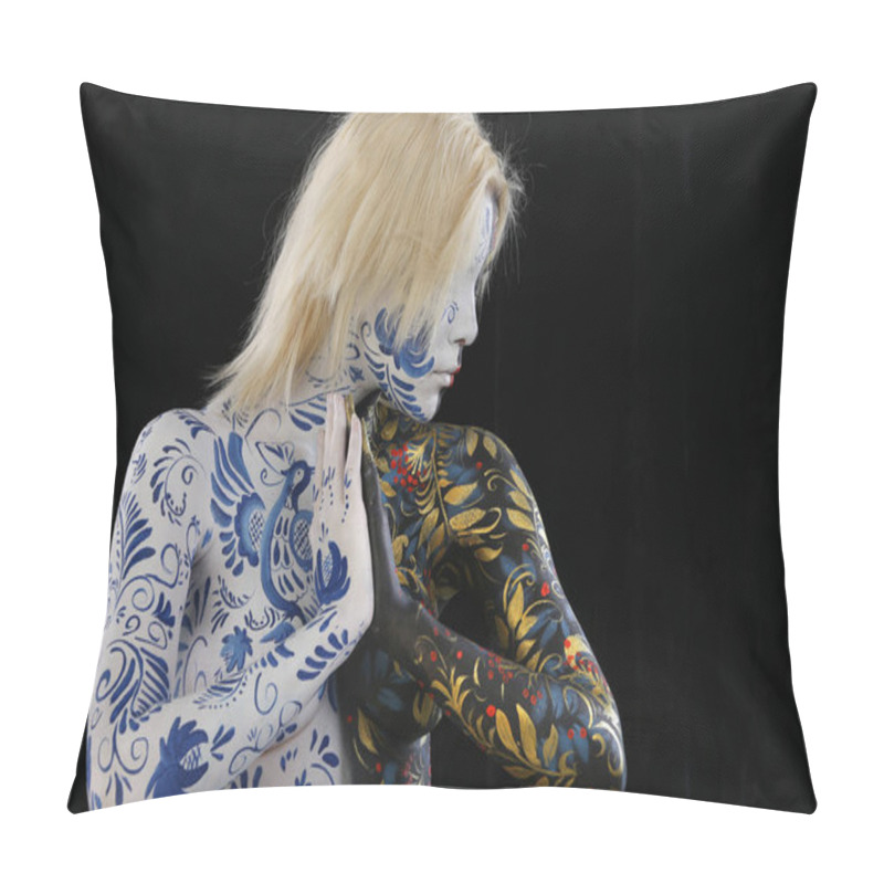 Personality  Body Art Portrait Of A Girl In The Style Of Khokhloma And Gzhel On A Black Background Studio Pillow Covers