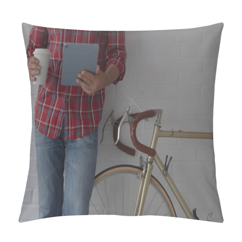 Personality  Hipster Man With Digital Tablet And Coffee Next To Bike Pillow Covers