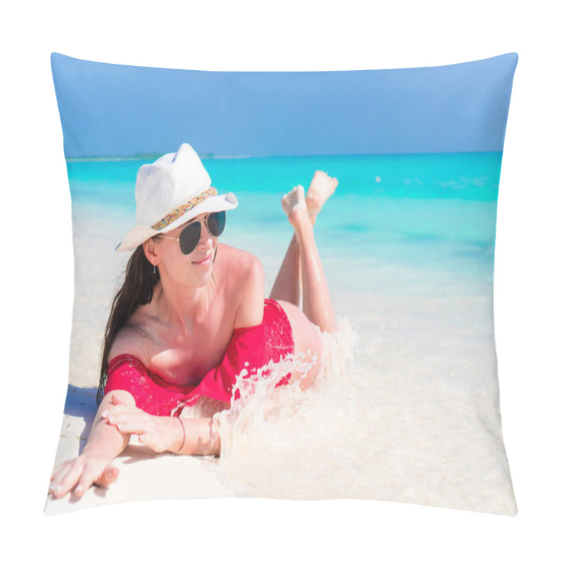 Personality  Young Beautiful Girl Lying On Snow White Tropical Beach In Shallow Water Pillow Covers