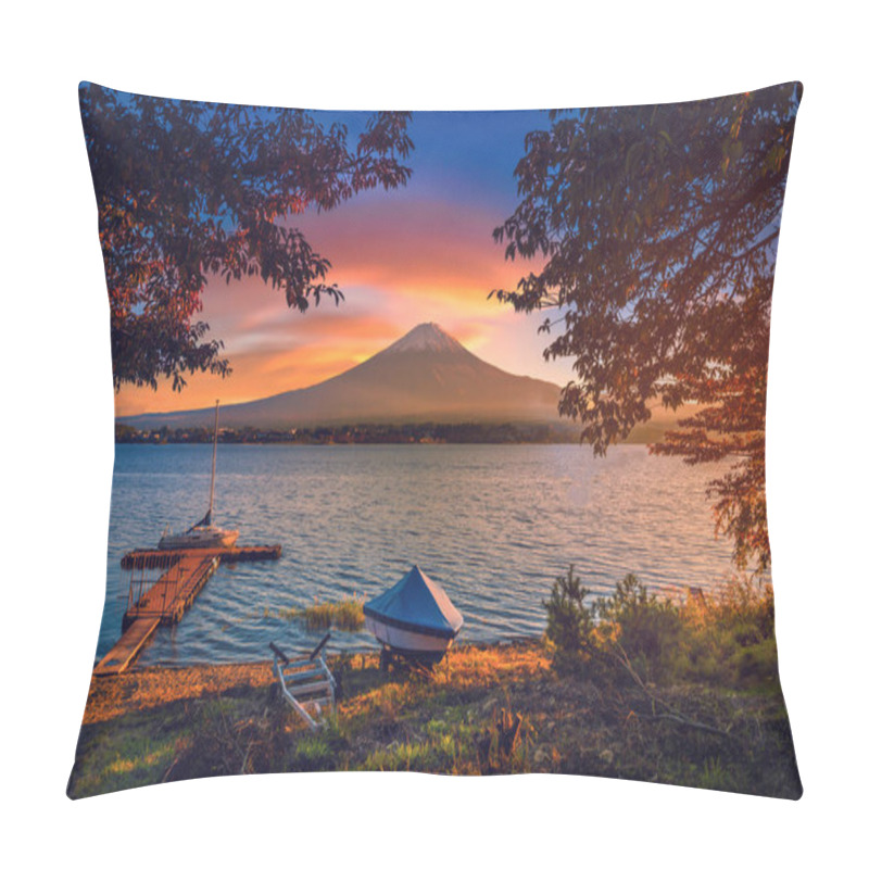 Personality  Mt. Fuji Over Lake Kawaguchiko With Autumn Foliage And Boat At Sunrise In Fujikawaguchiko, Japan. Pillow Covers