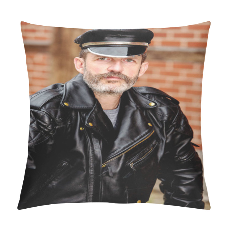 Personality  Handsome Sexy Bearded Man Dressed In Black Leather Pillow Covers