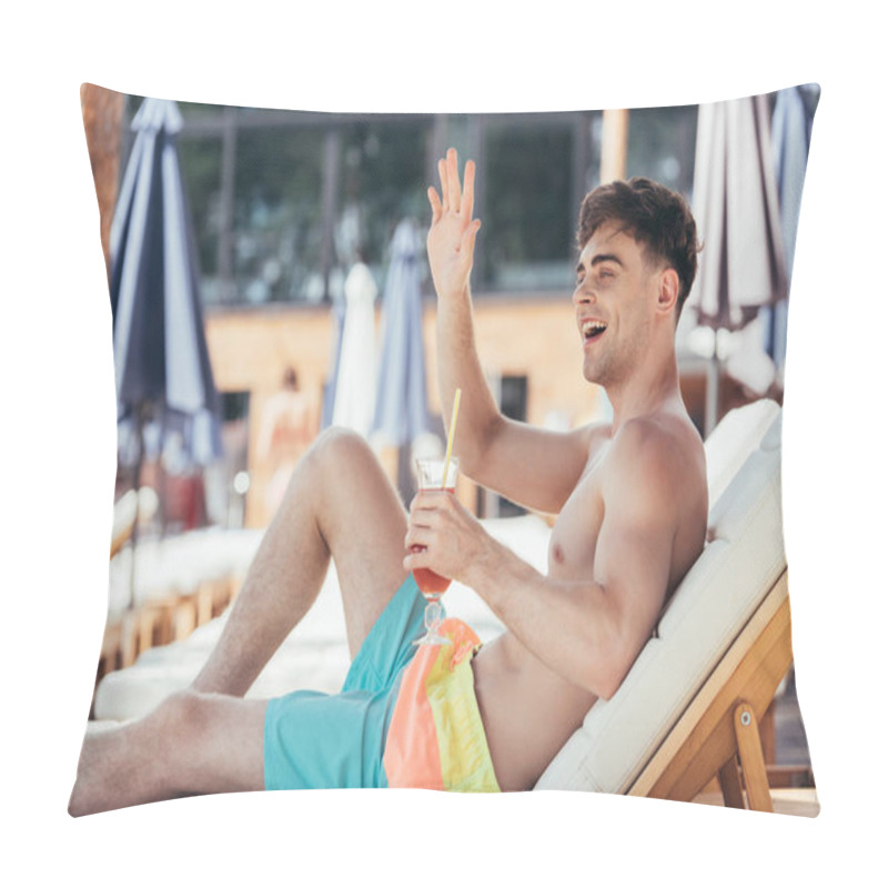 Personality  Cheerful Young Man Waving Looking Away And Waving Hand While Relaxing On Chaise Lounge With Glass Of Refreshing Drink Pillow Covers