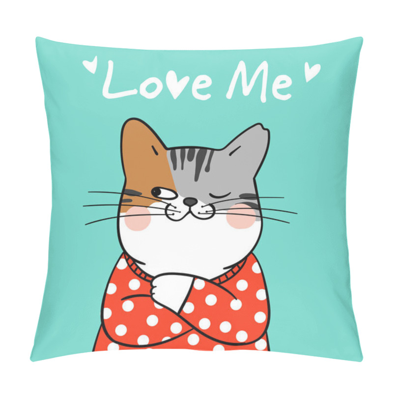 Personality  Draw Cat On Green Pastel And Word Love Me Pillow Covers