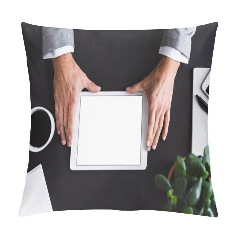 Personality  A Midsection Of Businessman Sitting At The Table, Using Tablet. A Top View. Copy Space. Pillow Covers