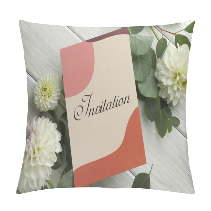 Personality  Card With Word Invitation And Beautiful Flowers On White Wooden Background, Flat Lay Pillow Covers